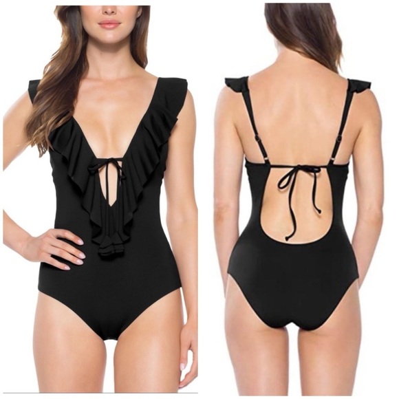 NWT Becca by Rebecca Virtue Socialite Lucille Ruffle Plunge One Piece Swimsuit M - Picture 1 of 5